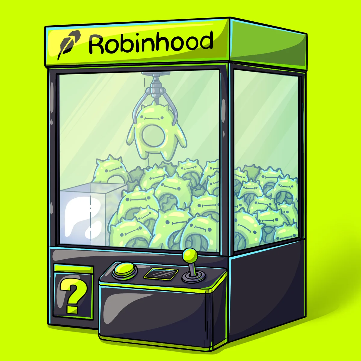 A Robinhood claw machine full of O plushies